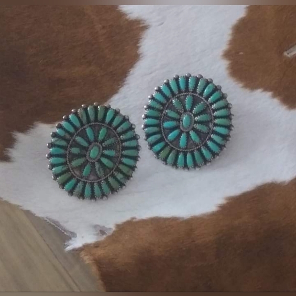 Vintage Signed VH Vernon Haskie Zuni Turquoise Sterling Silver Earrings - Picture 2 of 5